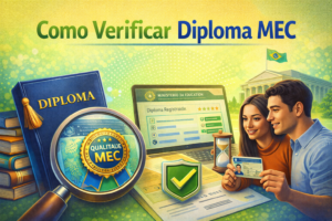Pessoa utilizando computador para verificar diploma MEC no portal do governo.